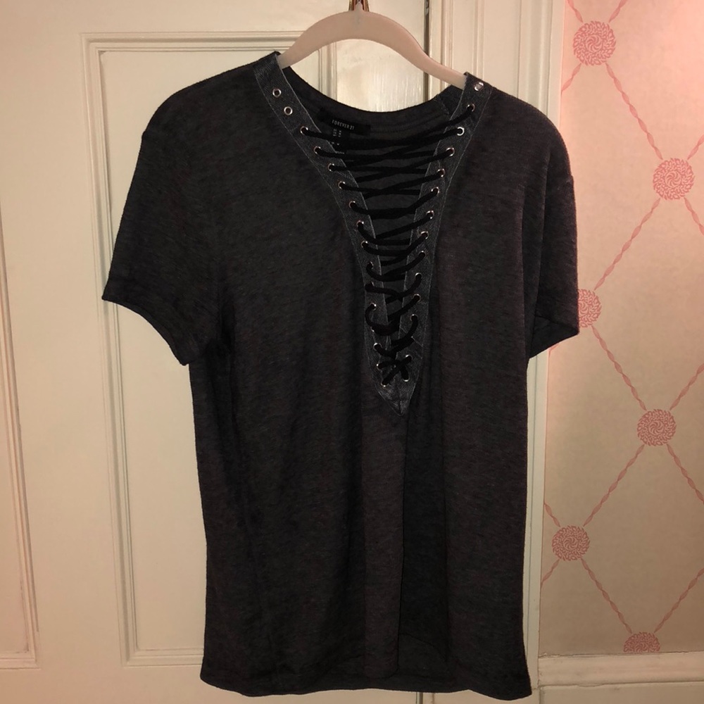 FOREVER 21 Gray & Black Lace-Up Shirt